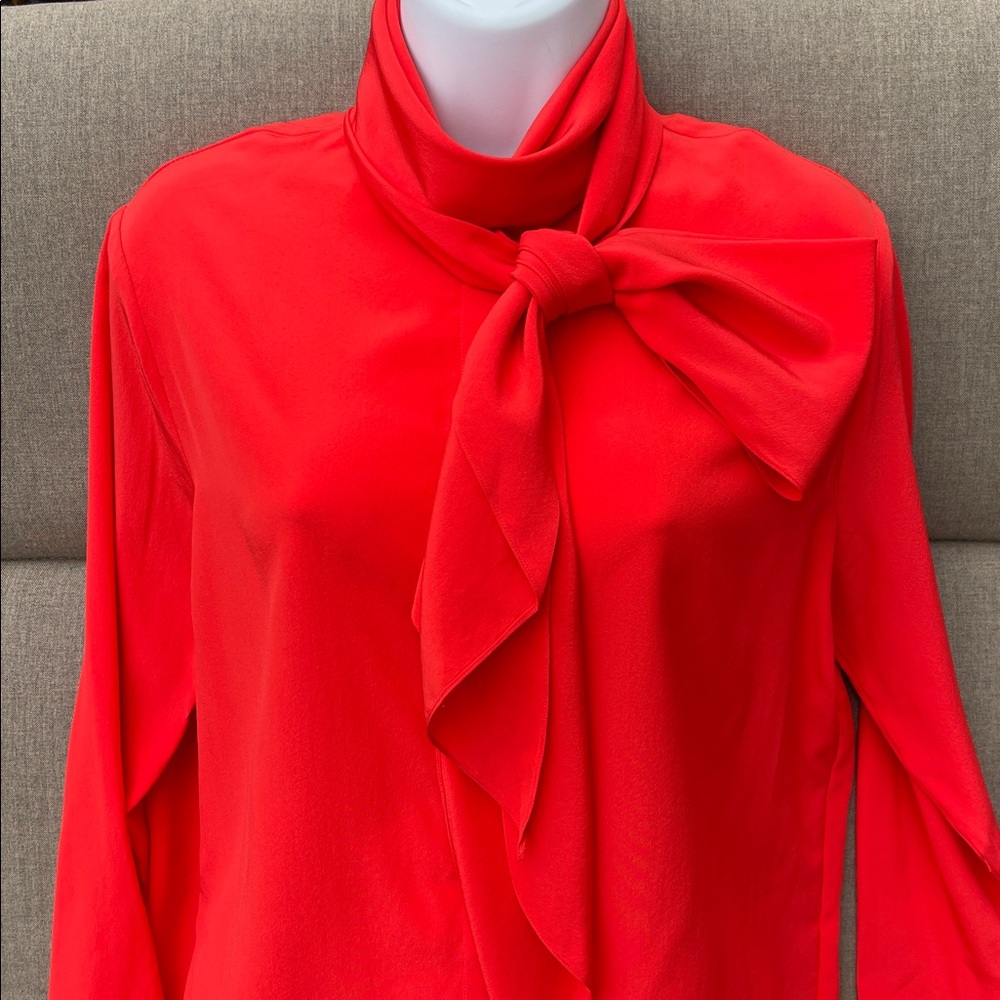 THE ROW Red Silk Scarf Neck Long Sleeve Top